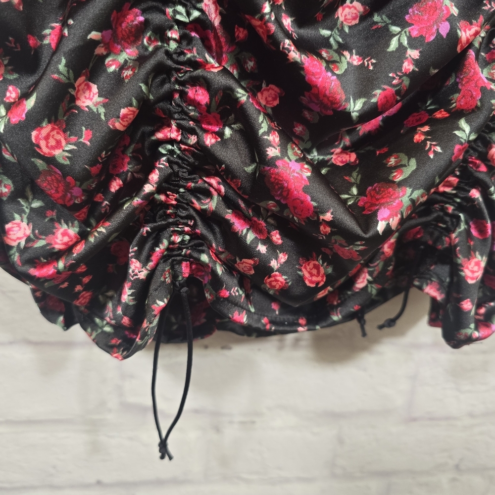 For Love & Lemons Black Off-Shoulder Ruched Mini Dress with Floral Print - Picture 8 of 15